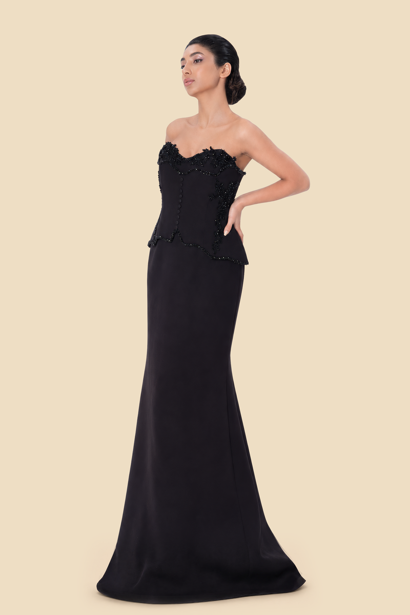 Black strapless hand-beaded mermaid gown by Kerimé Ataker