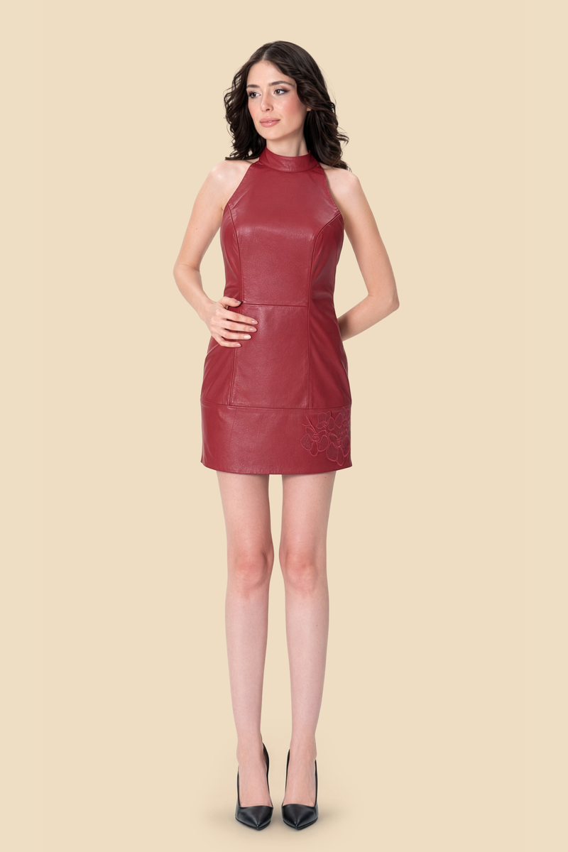 Red lamb leather mini dress with tonal floral embroidery by Kerimé Ataker
