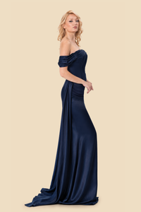 Navy viscose-silk off-shoulder draped gown, side view, by Kerime Ataker