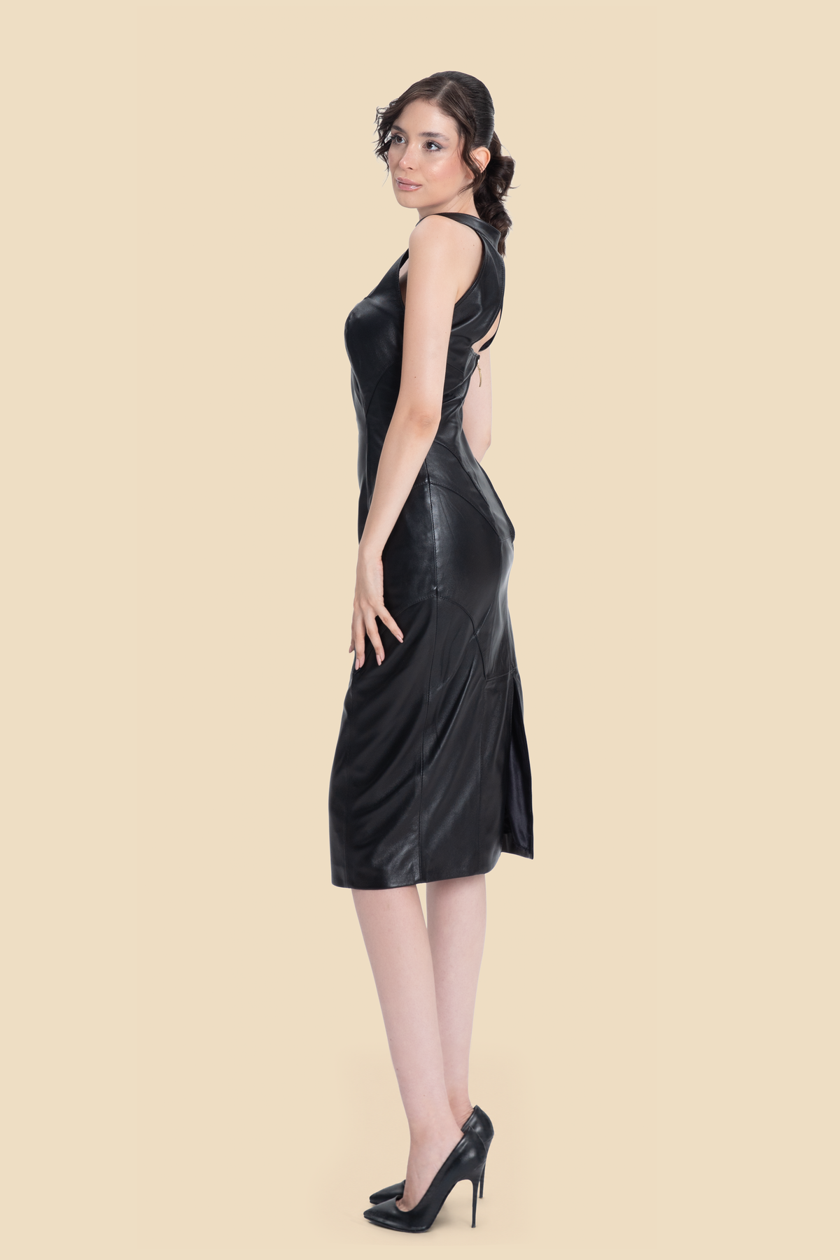 Black paneled lamb leather midi dress by Kerime Ataker, product image 5