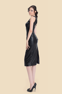 Black paneled lamb leather midi dress by Kerime Ataker, product image 5