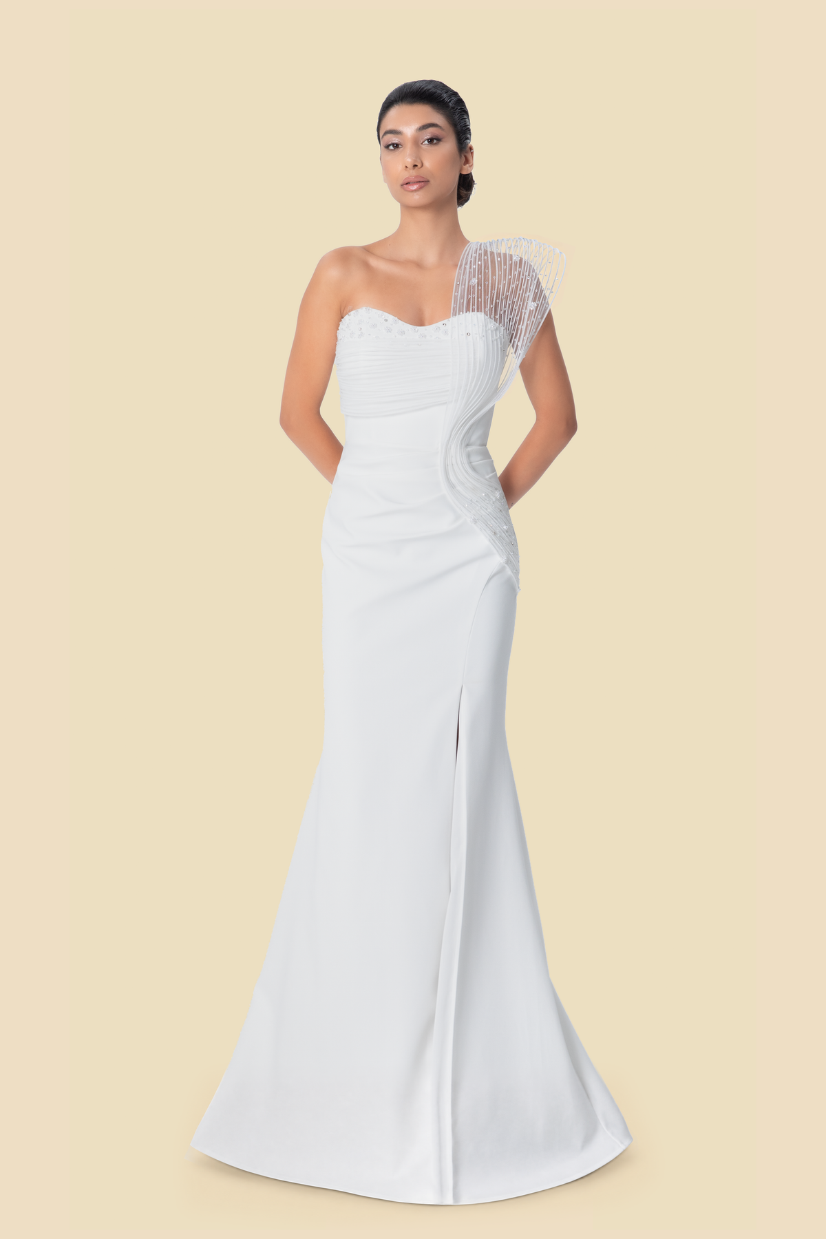 White one-shoulder beaded mermaid gown by Kerime Ataker, product image 3