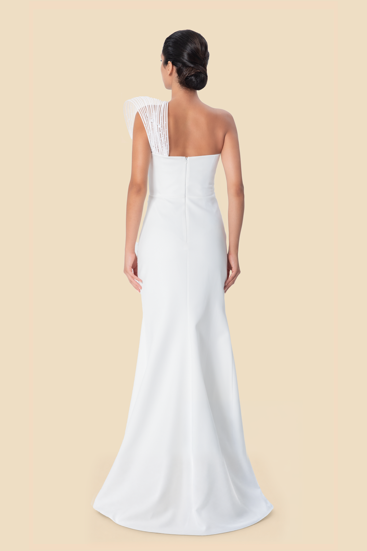 White one-shoulder beaded mermaid gown by Kerime Ataker, product image 5