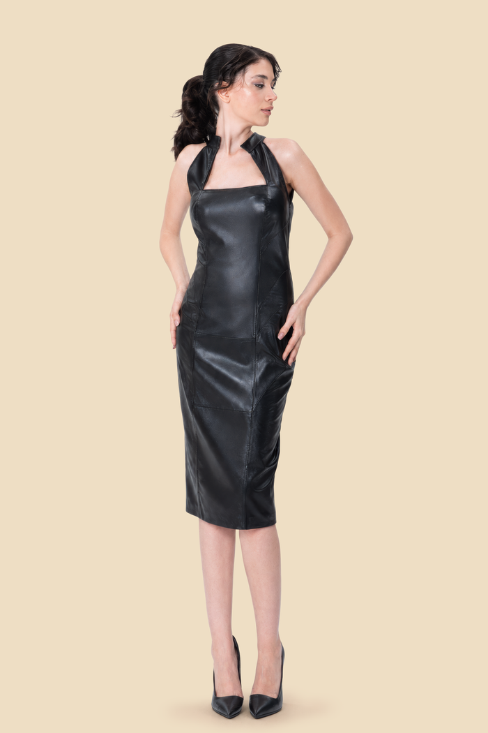 Black paneled lamb leather midi dress by Kerime Ataker, product image 1