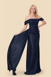 Navy viscose-silk off-shoulder draped gown with extended side panel, front view, by Kerime Ataker