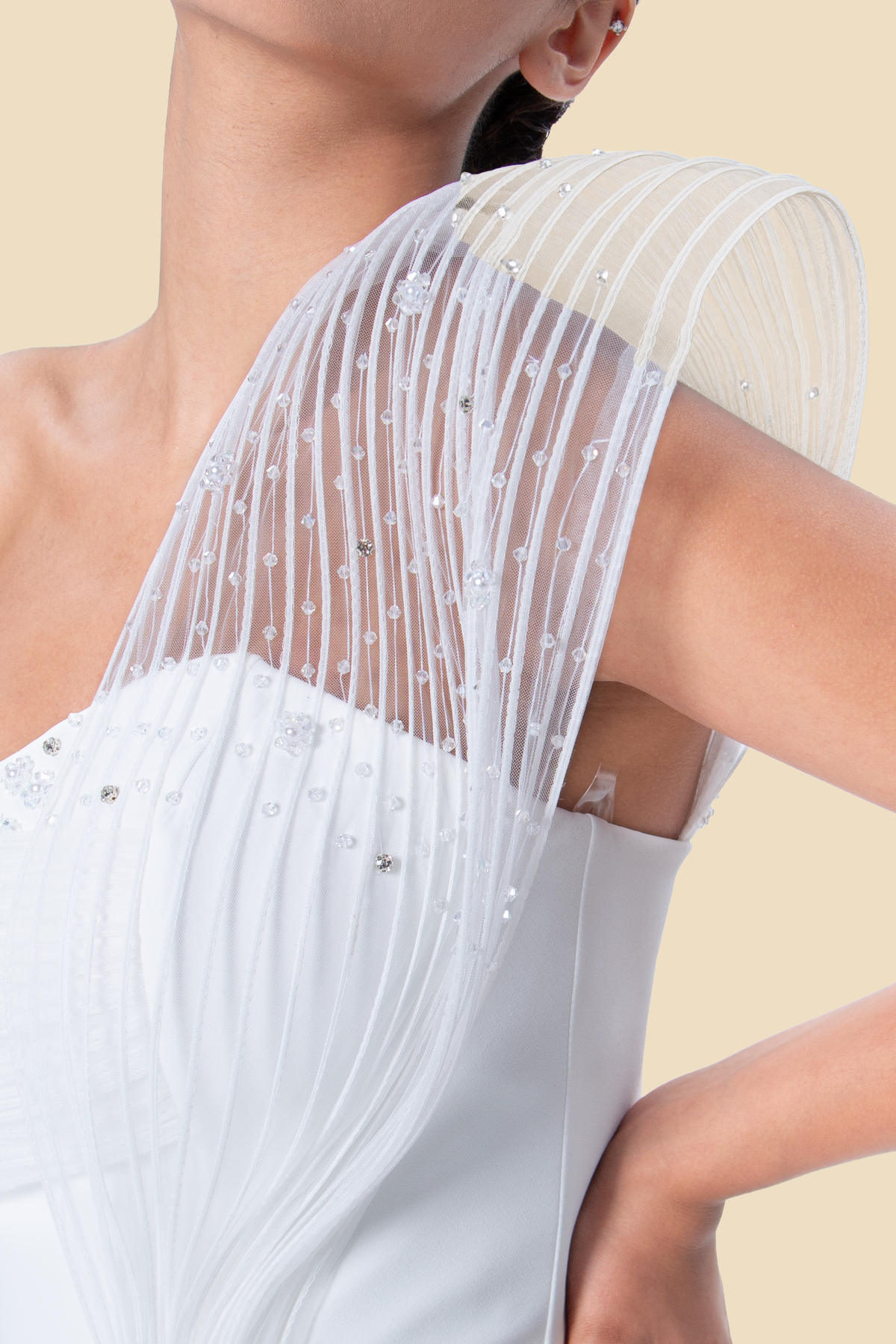 White one-shoulder beaded mermaid gown by Kerime Ataker, product image 2
