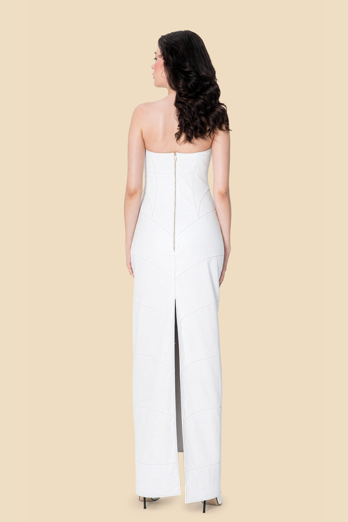 White strapless lamb leather gown with sculpted seam paneling by Kerime Ataker, product image 2