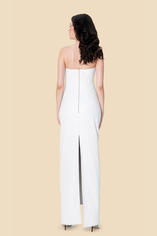 White strapless lamb leather gown with sculpted seam paneling by Kerime Ataker, product image 2