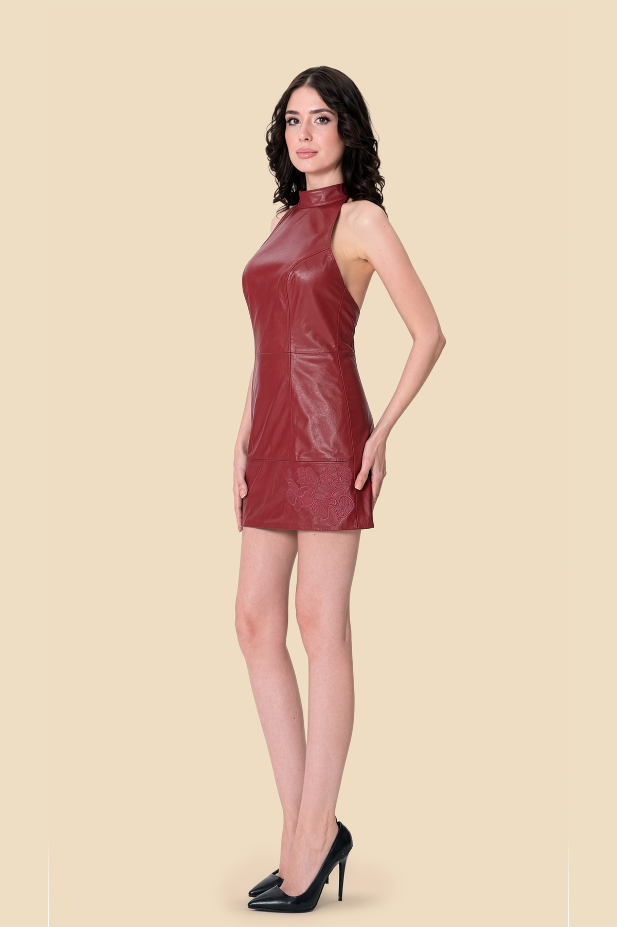 Embroidery Leather Mini Dress by Kerime Ataker – detail 5