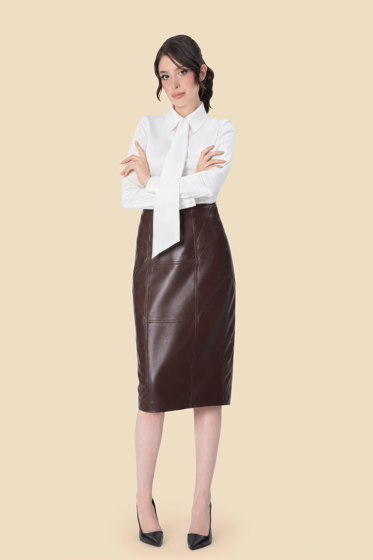 Brown lamb leather pencil skirt by Kerime Ataker, product image 1