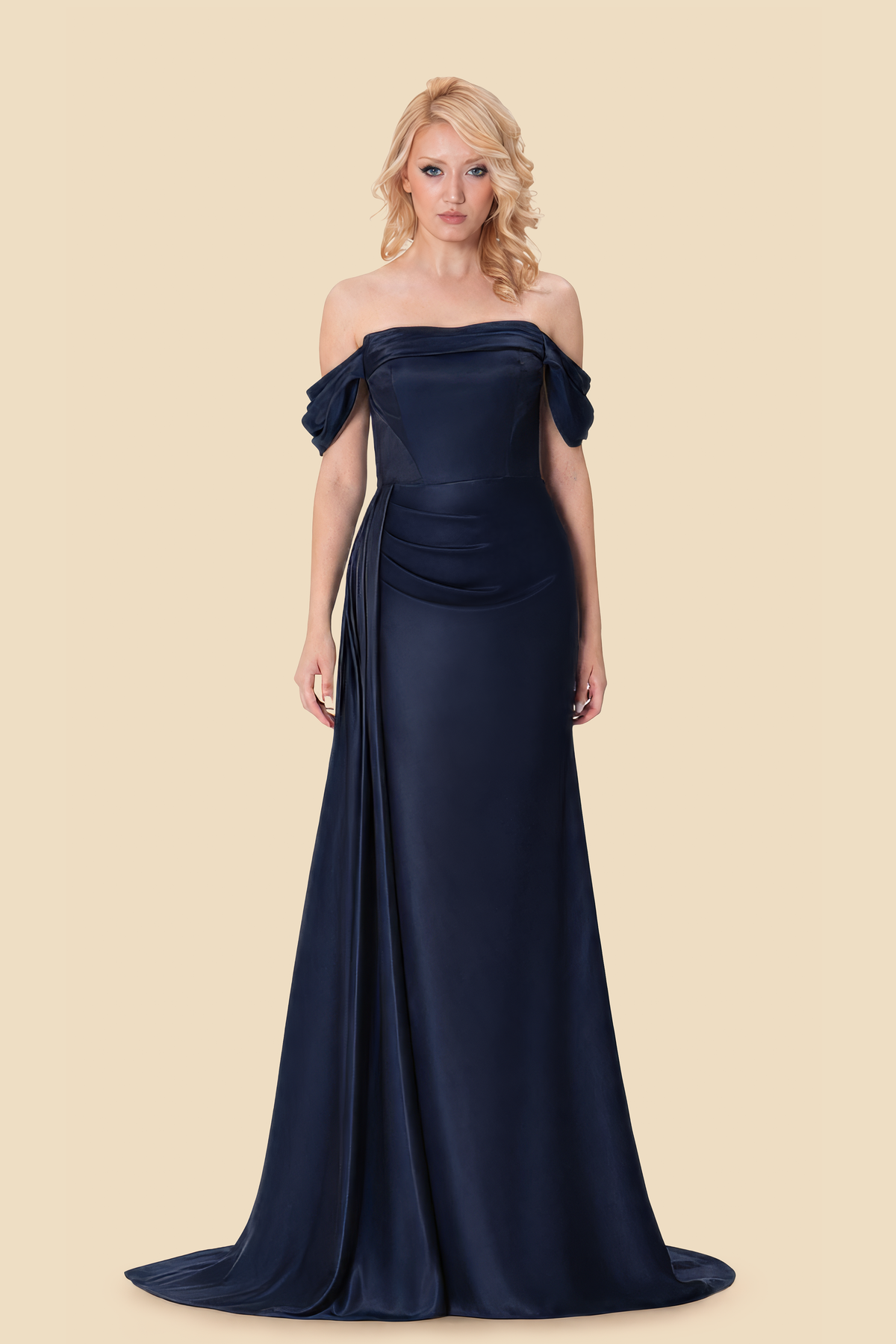 Navy viscose-silk off-shoulder draped gown, full-length front view, by Kerime Ataker