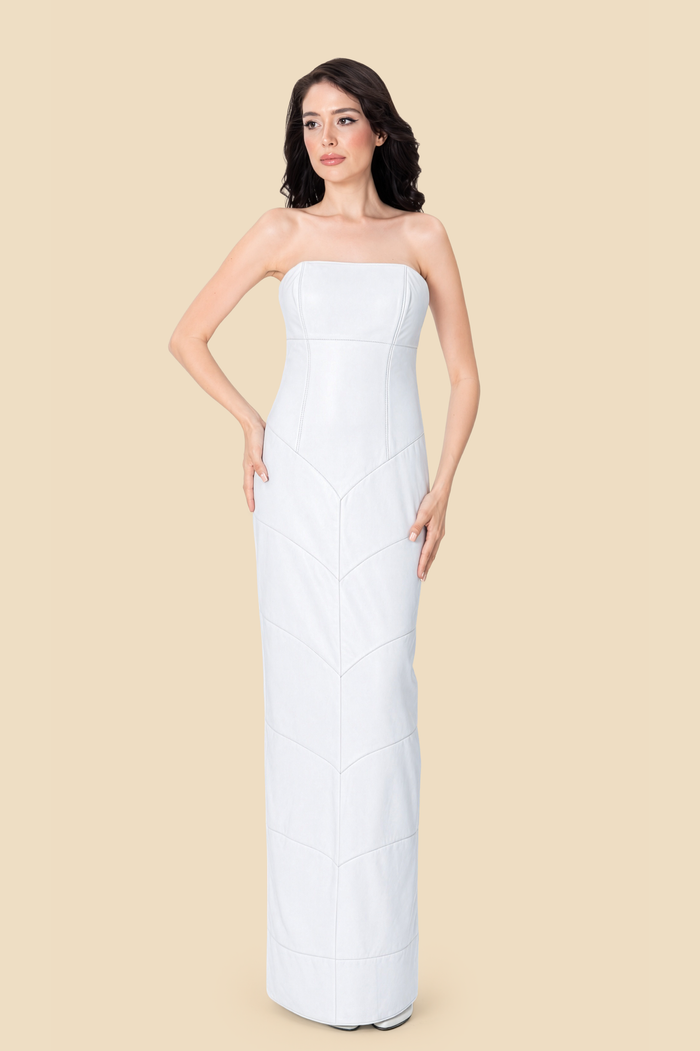 White strapless lamb leather gown with sculpted seam paneling by Kerime Ataker, product image 1