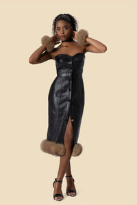 ERIKA strapless leather midi dress with fox fur by Kerime Ataker