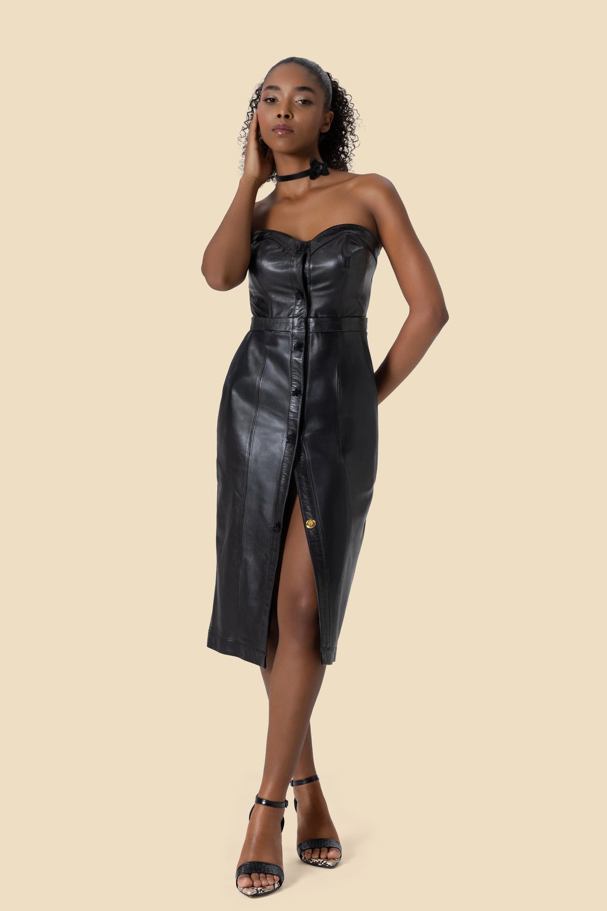 ERIKA strapless leather midi dress with fox fur by Kerime Ataker