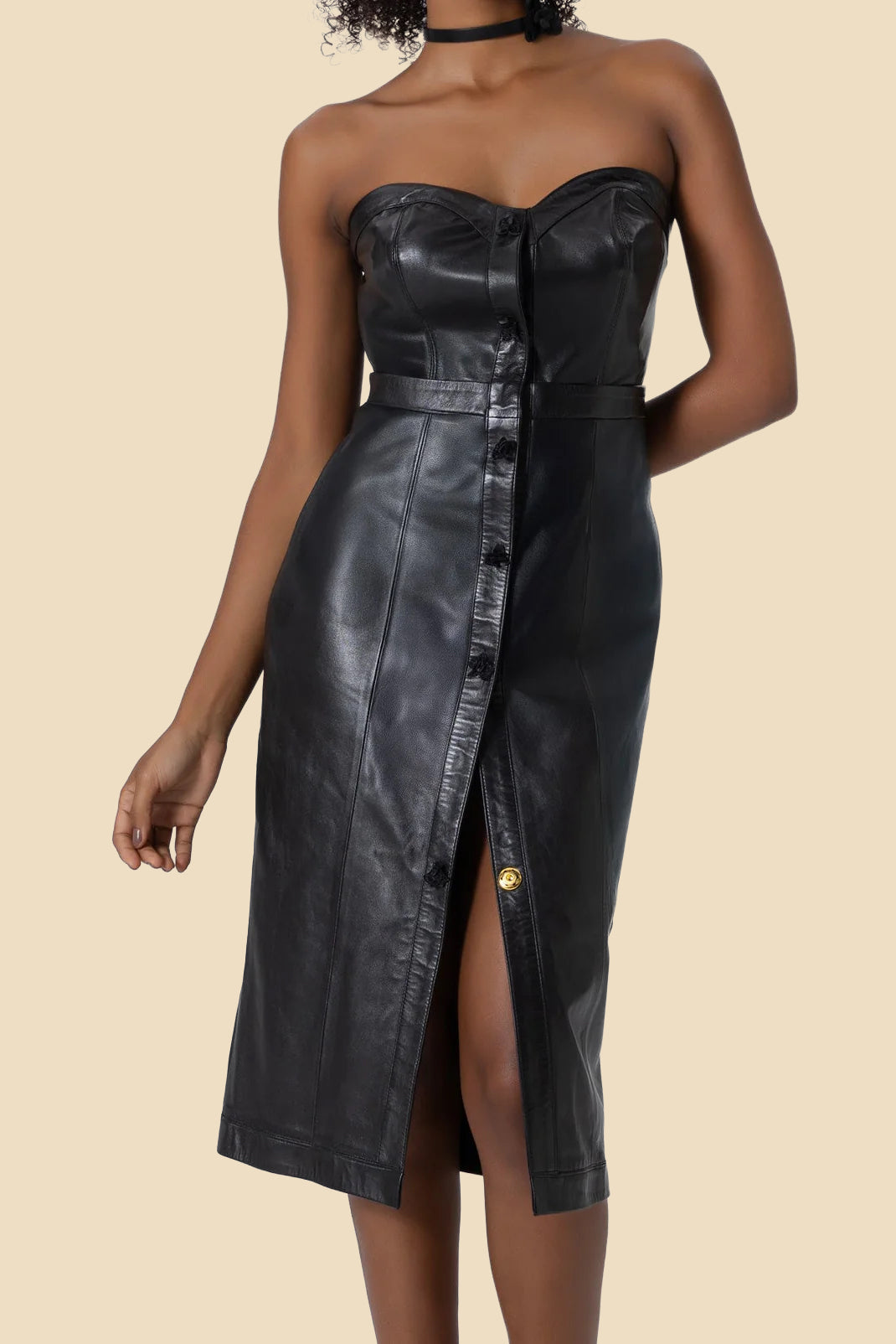 ERIKA strapless leather midi dress with fox fur by Kerime Ataker