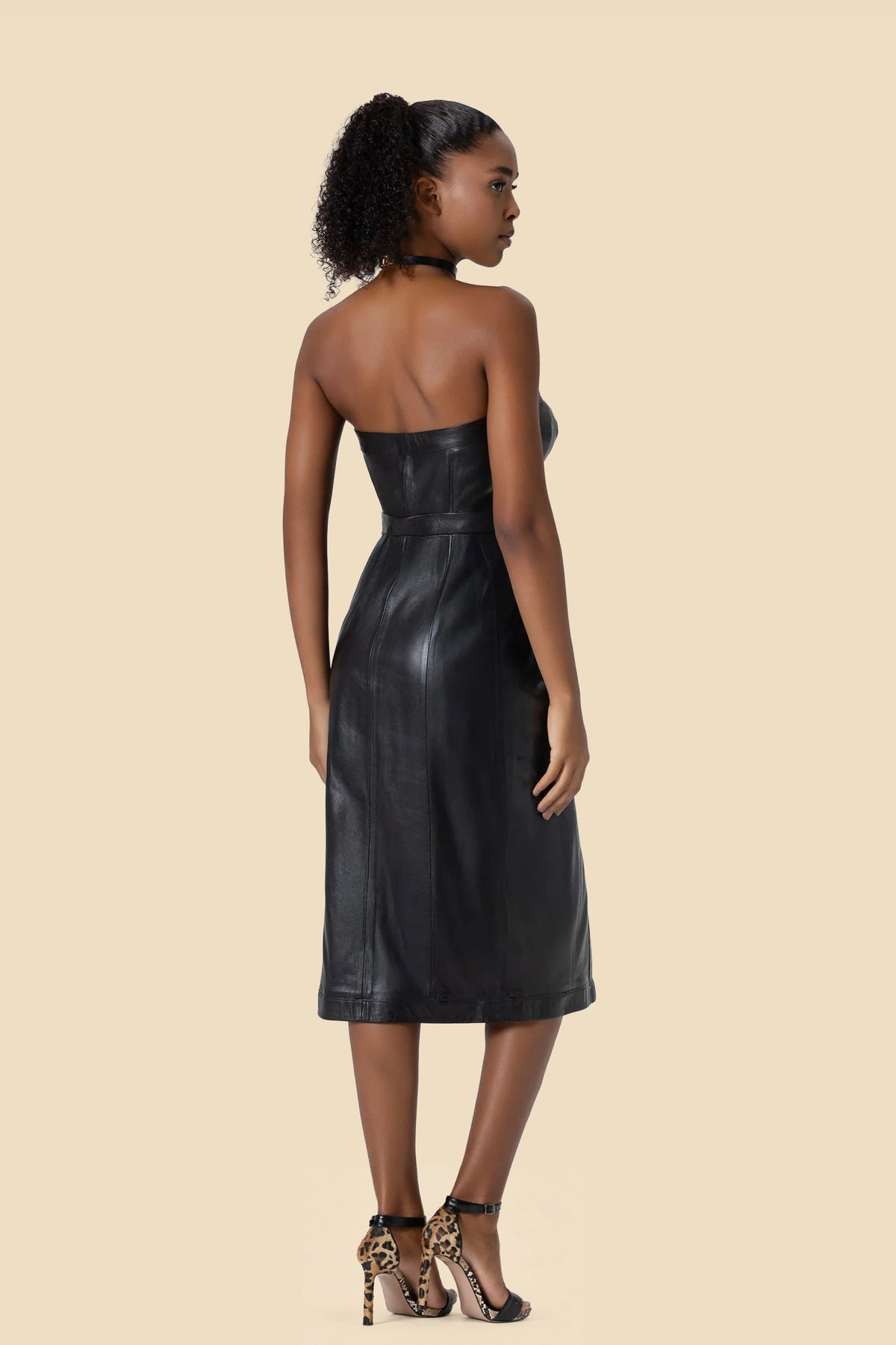 ERIKA strapless leather midi dress with fox fur by Kerime Ataker