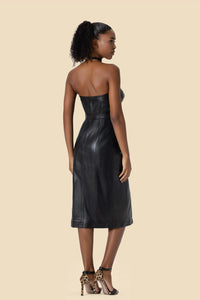 ERIKA strapless leather midi dress with fox fur by Kerime Ataker
