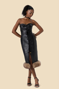 ERIKA strapless leather midi dress with fox fur by Kerime Ataker