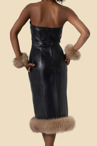 ERIKA strapless leather midi dress with fox fur by Kerime Ataker