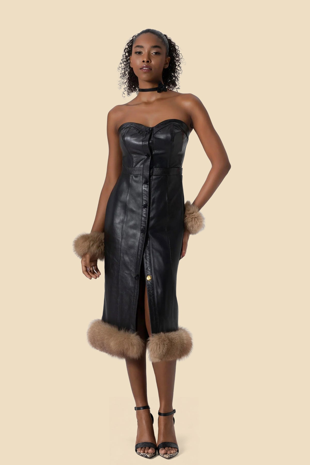 ERIKA strapless leather midi dress with fox fur by Kerime Ataker