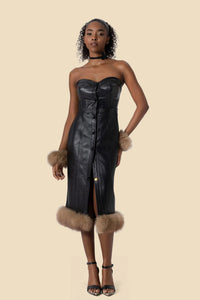 ERIKA strapless leather midi dress with fox fur by Kerime Ataker