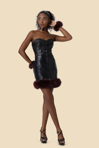 ELLY strapless leather mini dress with fur by Kerime Ataker