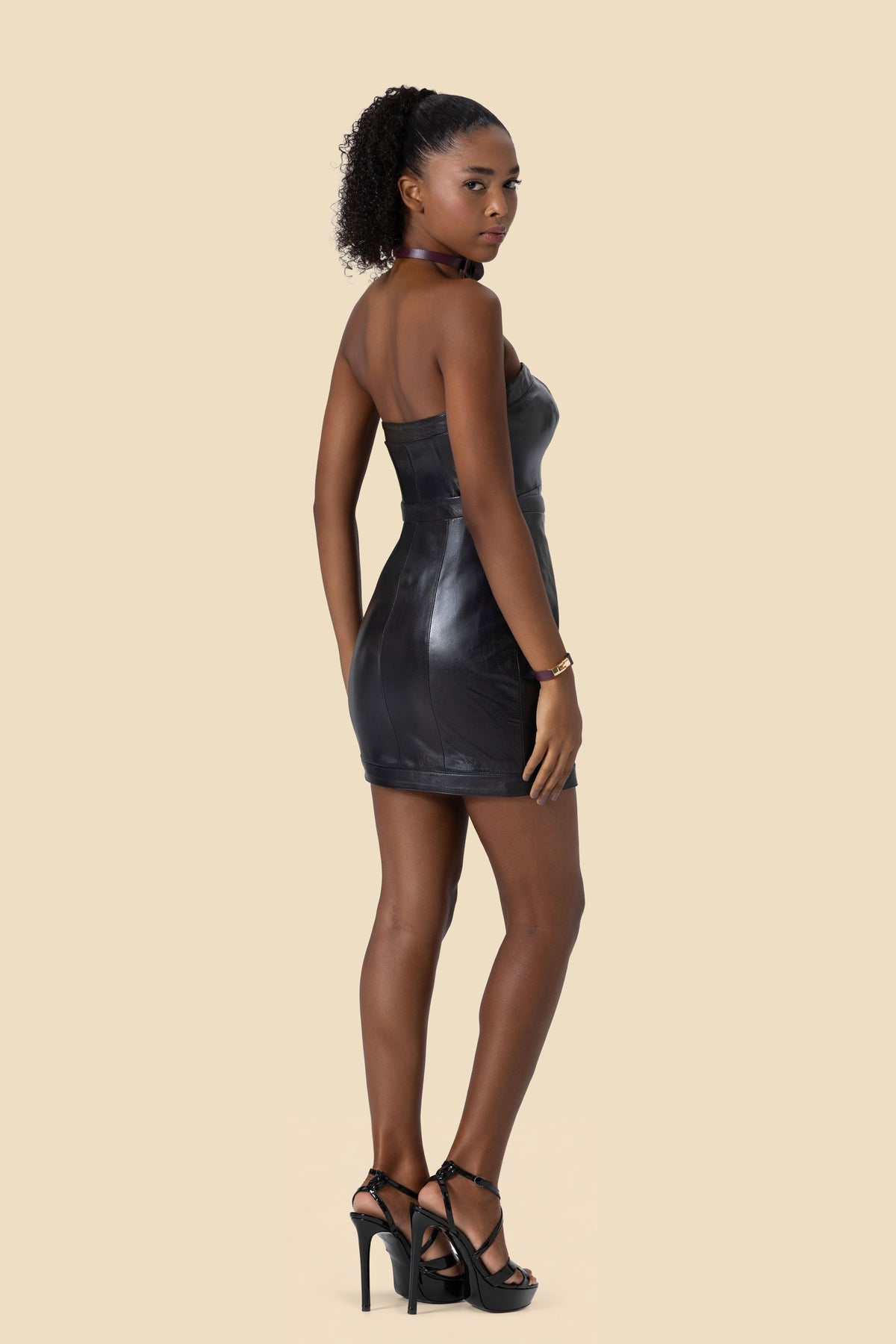 ELLY strapless leather mini dress with fur by Kerime Ataker