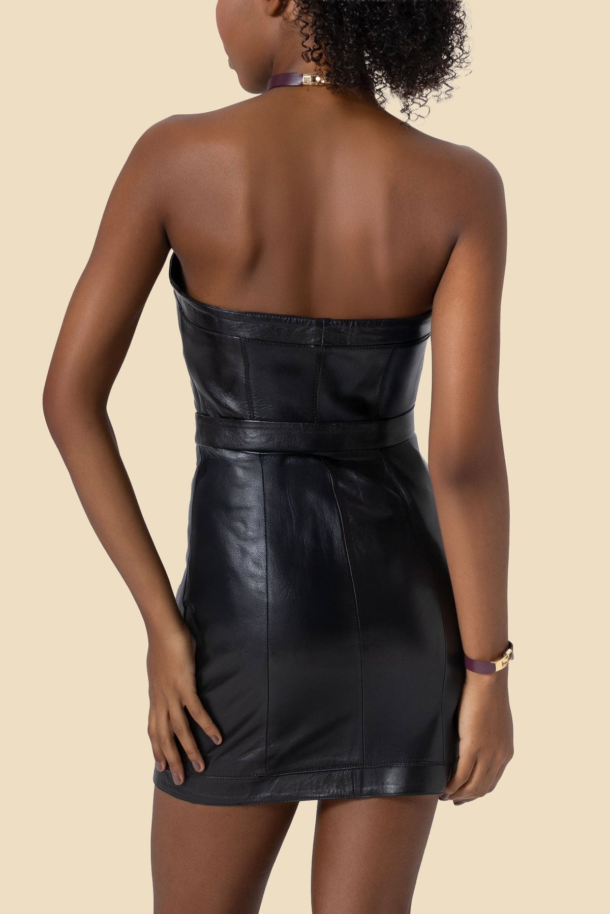 ELLY strapless leather mini dress with fur by Kerime Ataker