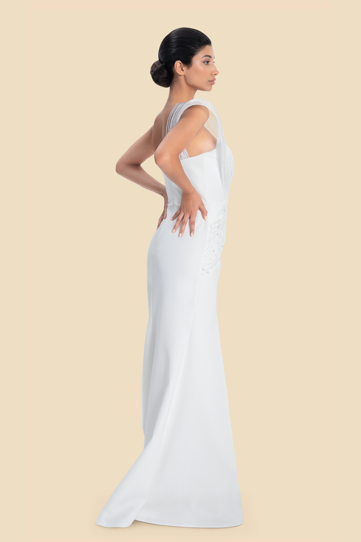 White one-shoulder beaded mermaid gown by Kerime Ataker, product image 6